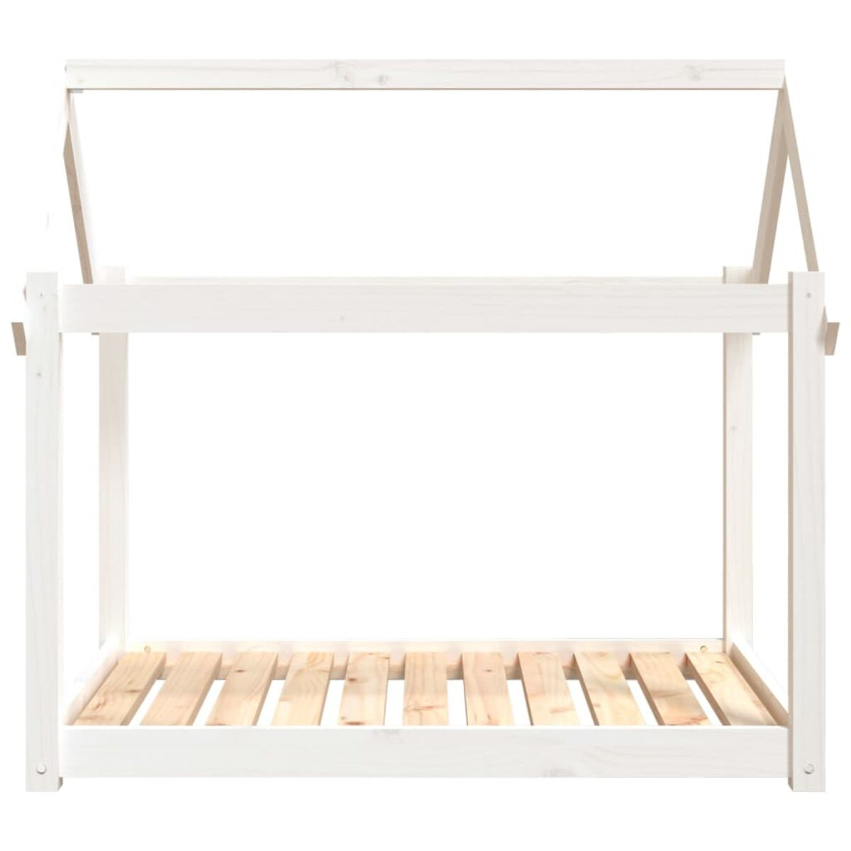 Weißer Holz-Hausbettrahmen. Der Rahmen hat ein einfaches Design mit Lattenrost und Dachstruktur.