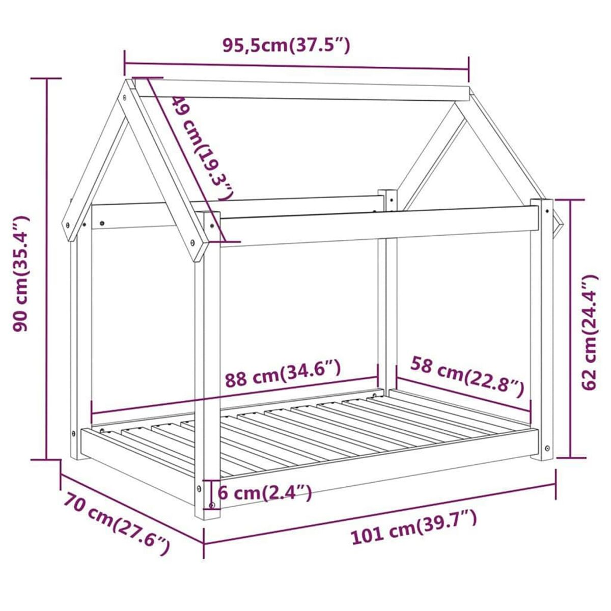 Bettrahmen aus Holz mit Maßen in cm und Zoll.