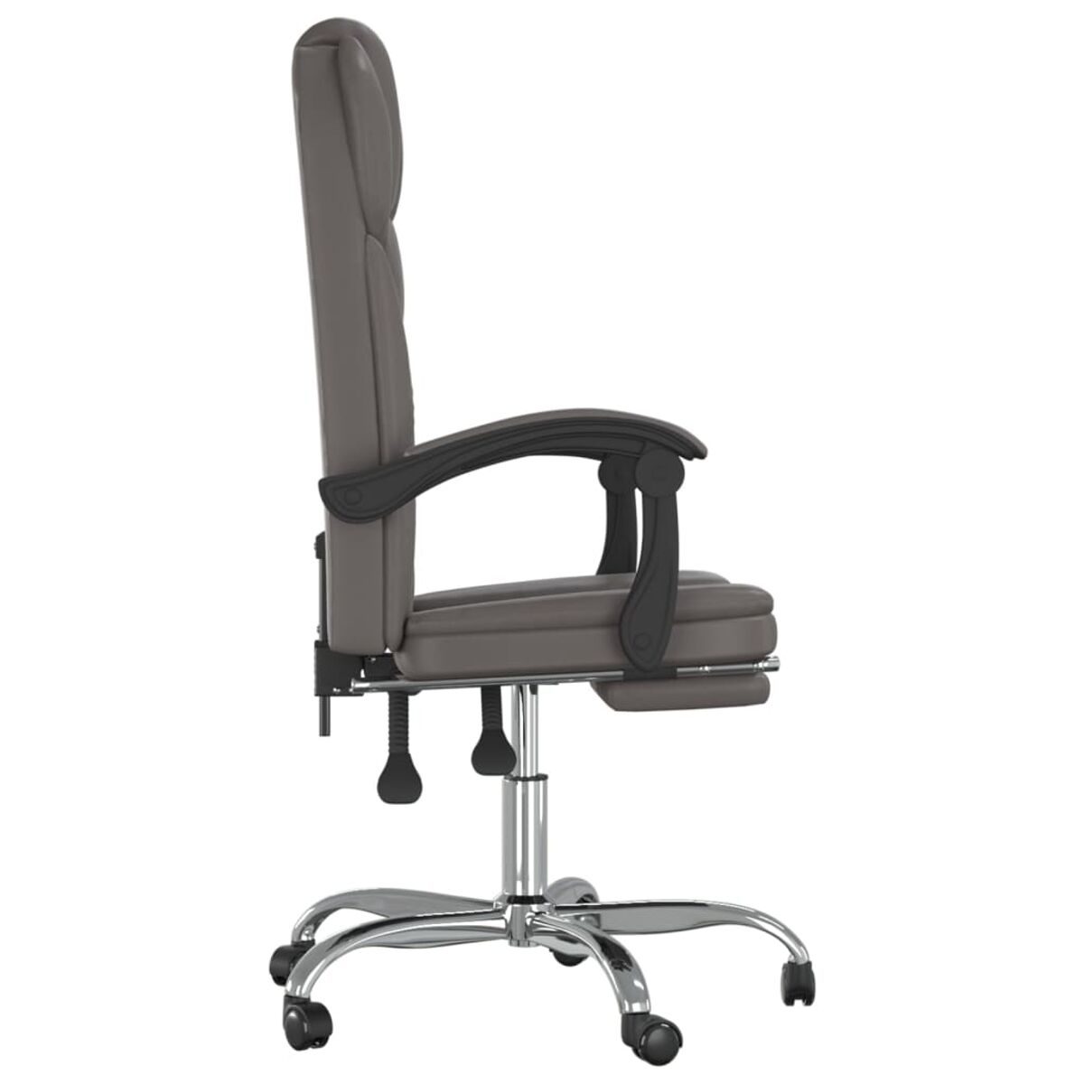 Grauer Leder-Bürostuhl, Seitenansicht. Er hat eine hohe Rückenlehne, Armlehnen und ein Chromgestell.
