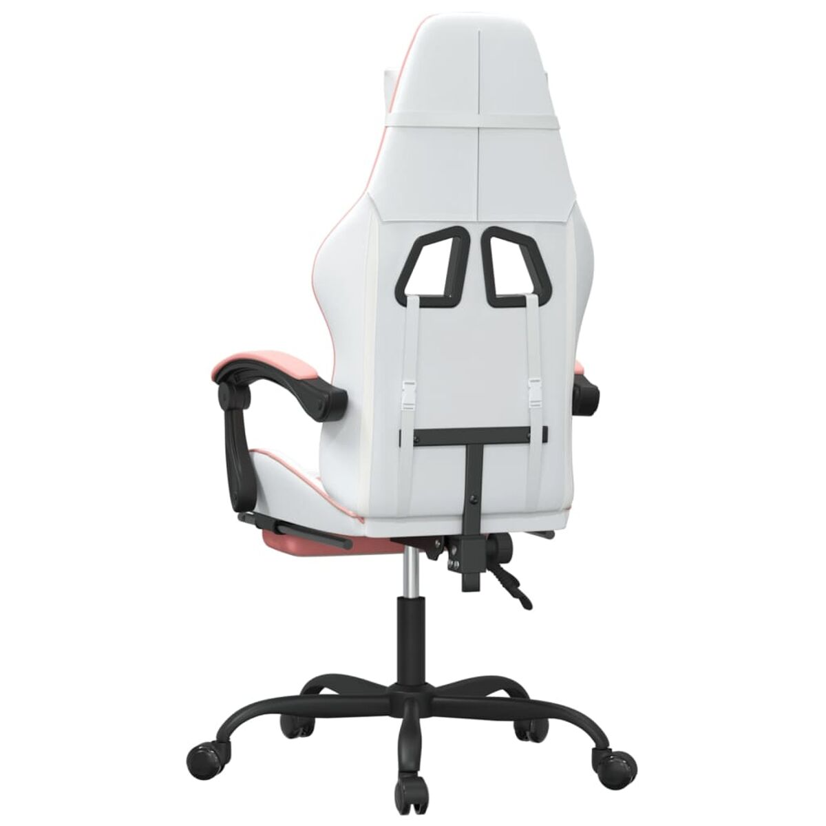 Rückansicht eines weißen und rosa Gaming-Stuhls mit schwarzem Fuß und Rollen.