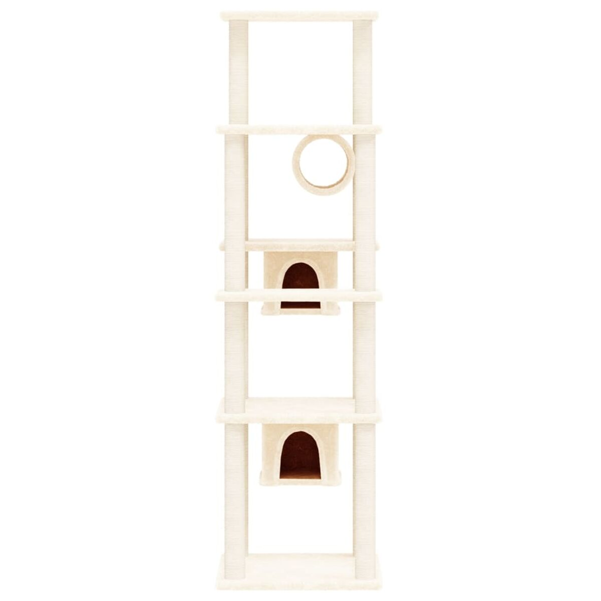 Ein hoher Katzenbaum in Beige mit mehreren Ebenen, Pfosten, Plattformen und Katzenhäusern.