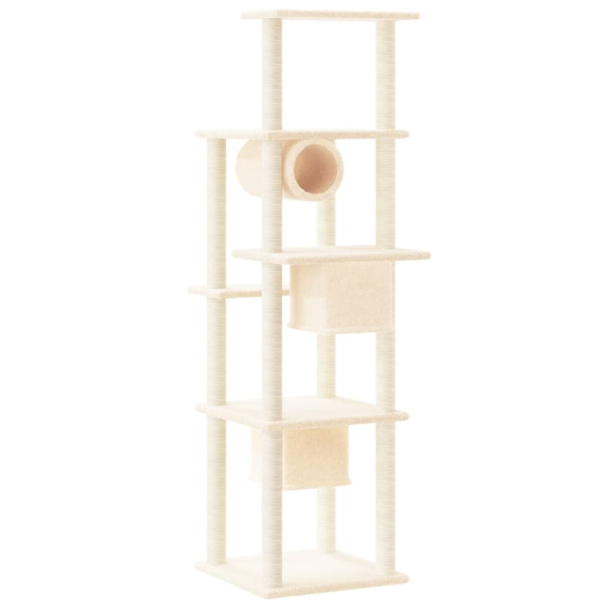 Ein hoher Katzenbaum mit mehreren Ebenen, beige Farbe und verschiedenen Plattformen und Strukturen.