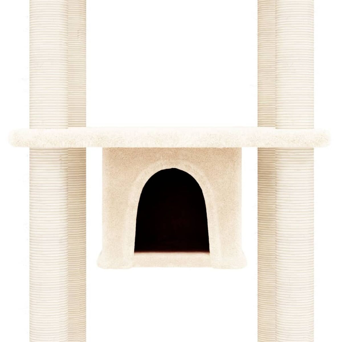 Beiger Katzenbaum mit Höhle und zwei Kratzbäumen. Weißer Hintergrund.