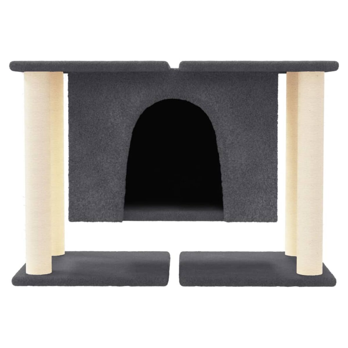 Ein grauer Katzenbaum mit Höhle und zwei Kratzbäumen. Isoliert auf Weiß.