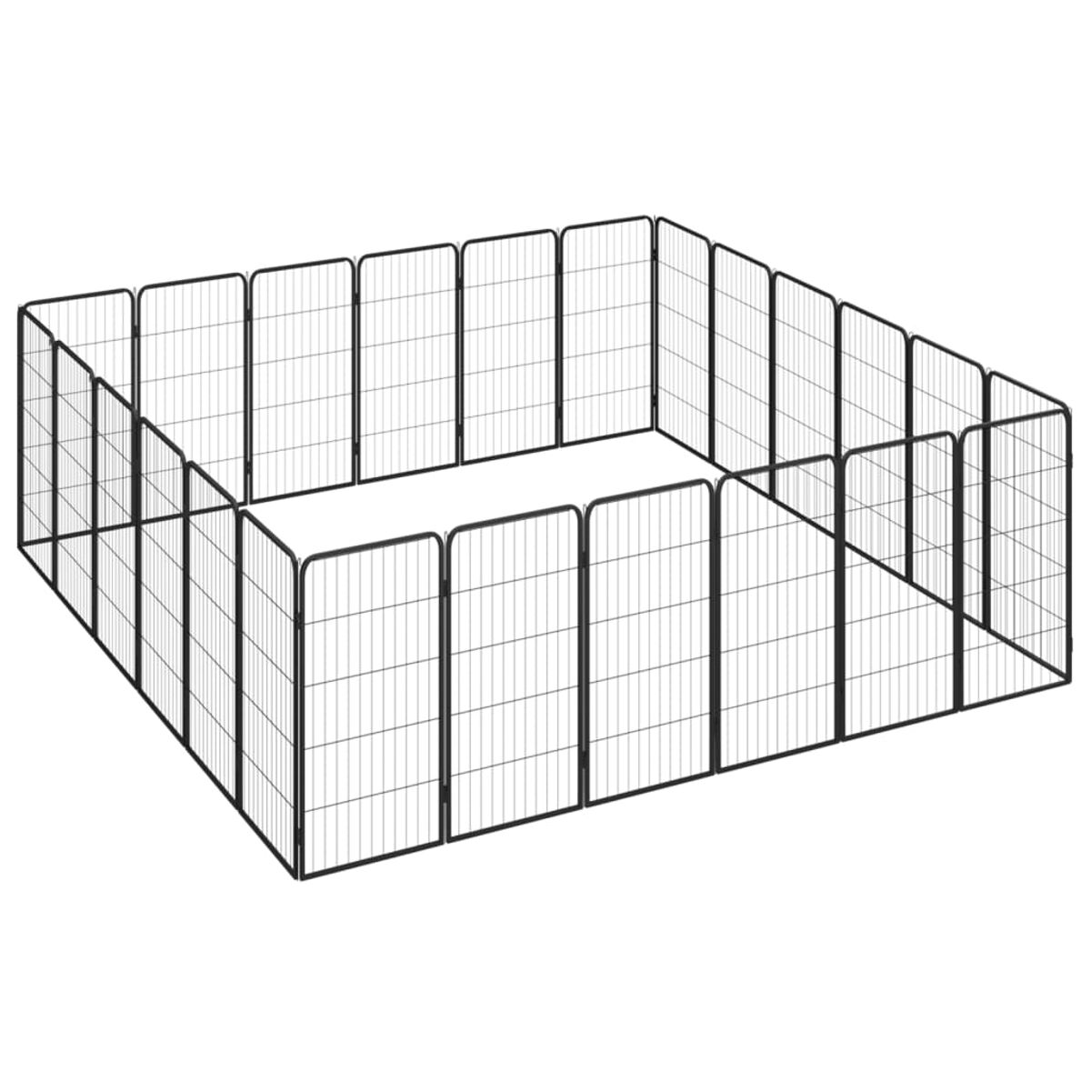 Schwarzer Metallzaun. Quadratische Form, offenes Design. Für die Haustierhaltung, mit mehreren Paneelen.