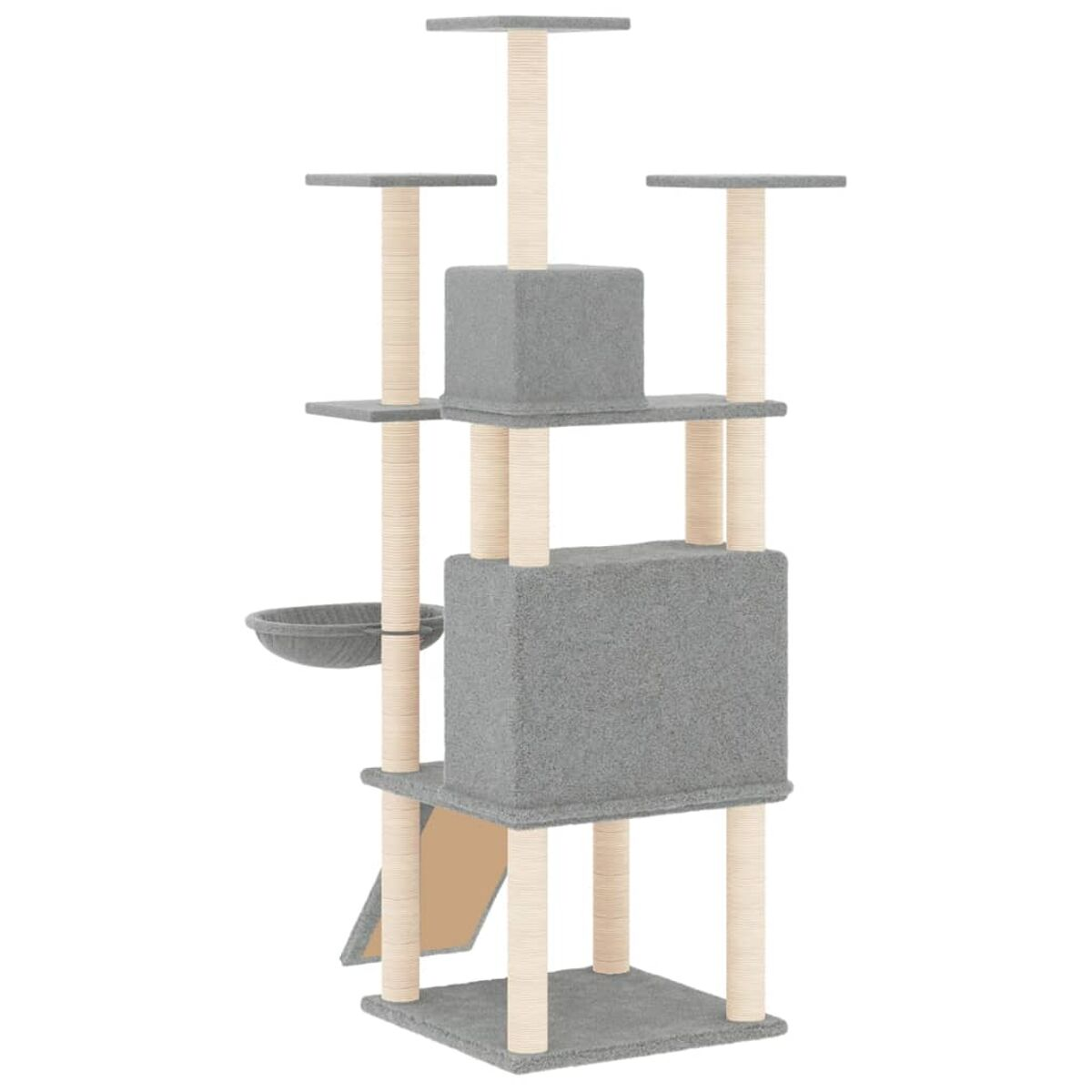 Katzenbaum mit mehreren Plattformen, Pfosten und einem Bett auf weißem Hintergrund.