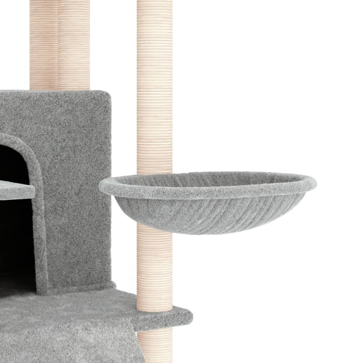Ein Katzenbaum mit einem grauen Bett, hellen Pfosten und einem gewebten, schalenförmigen Ruhebereich.