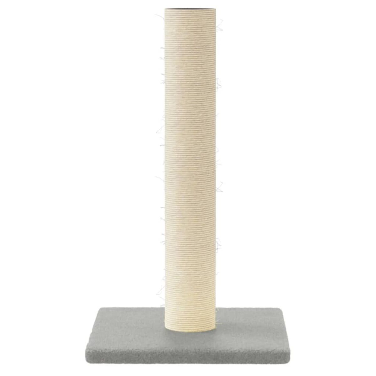 Kratzbaum für Katzen. Beige, hoch, zylindrisch mit quadratischer Basis.