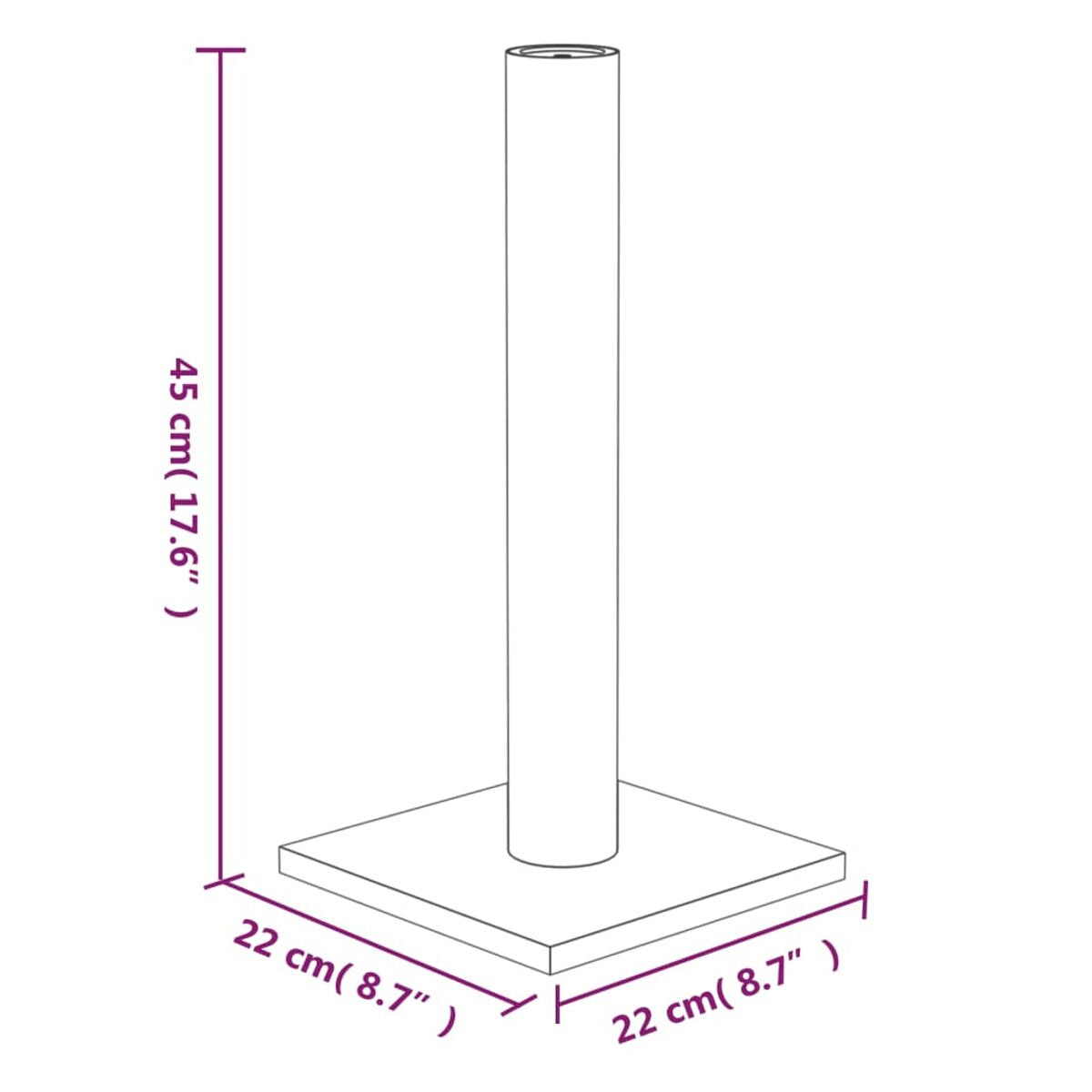 Hoher, zylindrischer Katzenkratzbaum auf quadratischer Basis. Der Pfosten ist beige.