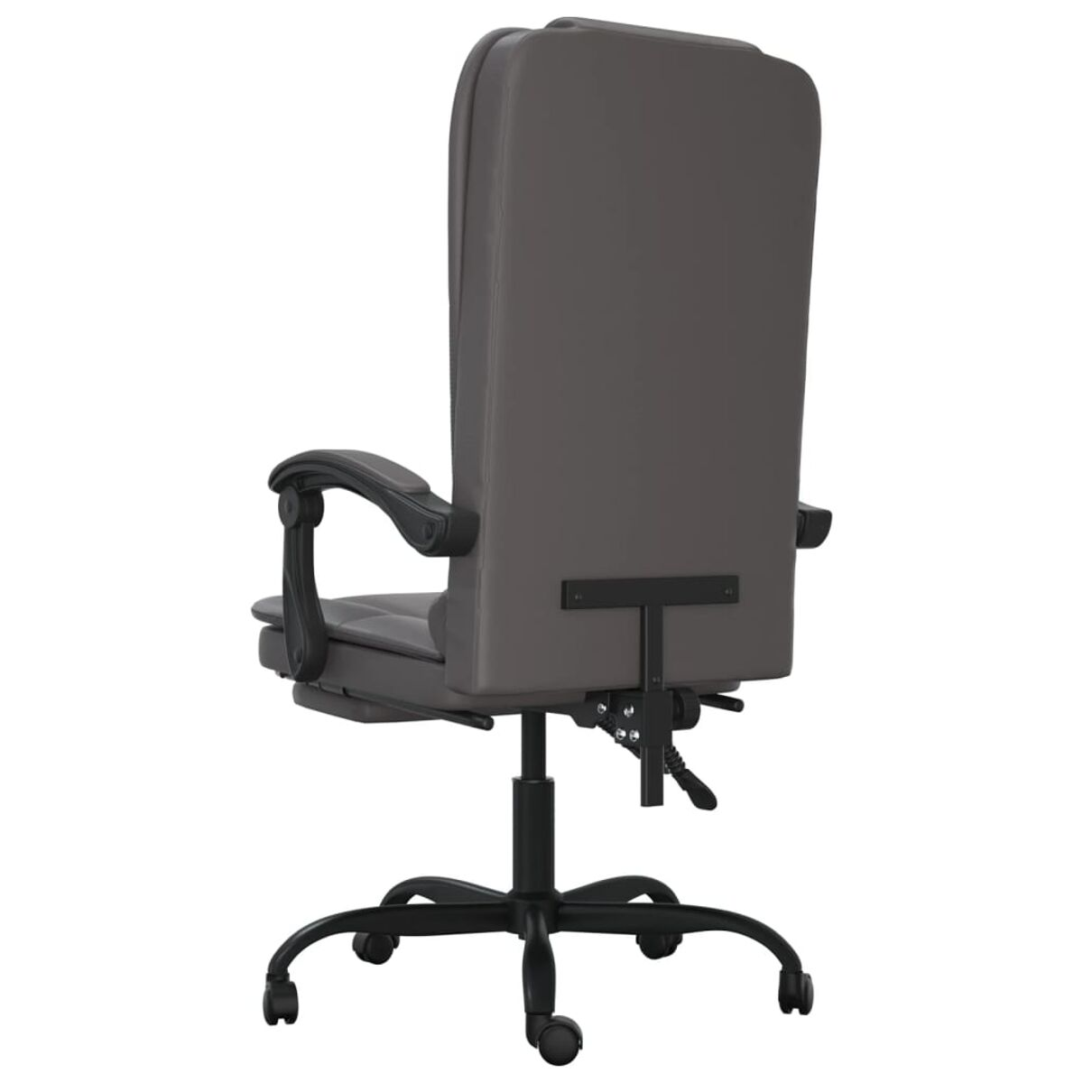 Grauer Bürostuhl, Rückansicht. Schwarzes Gestell mit Rollen. Armlehnen.