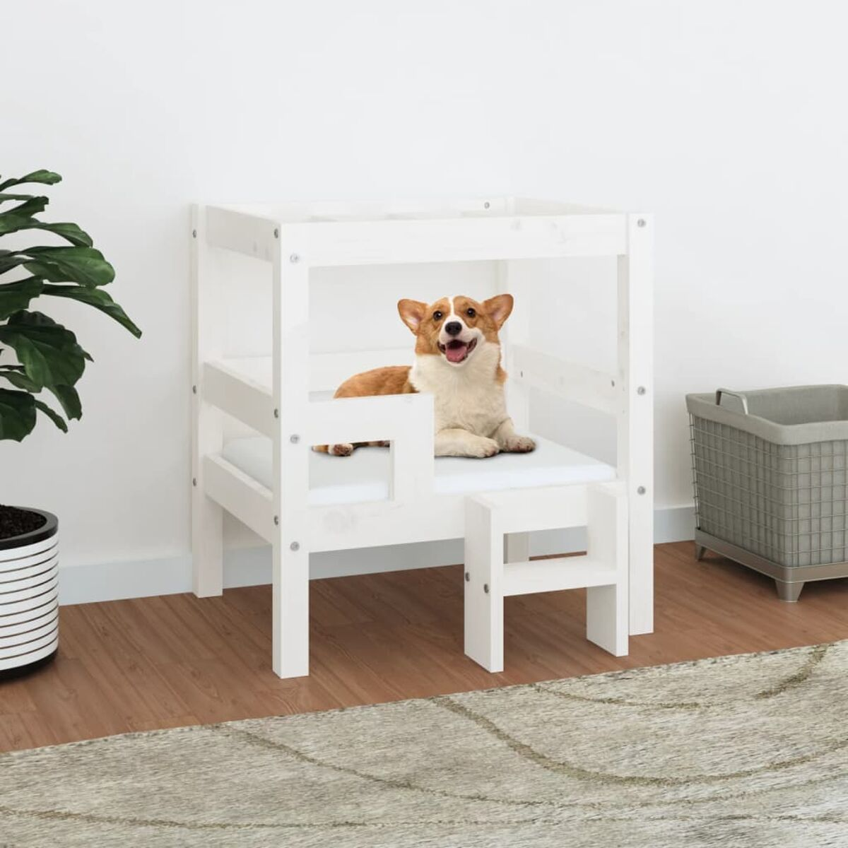 Weißes Hundebett mit kleiner Treppe, ein Corgi liegt lächelnd darauf.