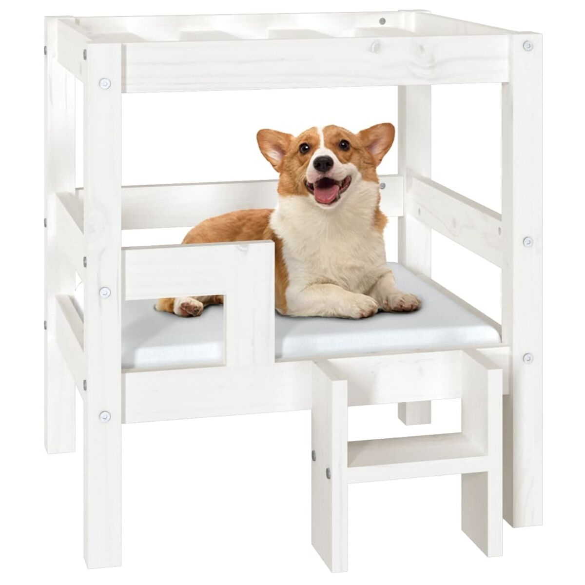 Weißes Hundebett aus Holz mit einem Corgi-Hund auf dem Bett.