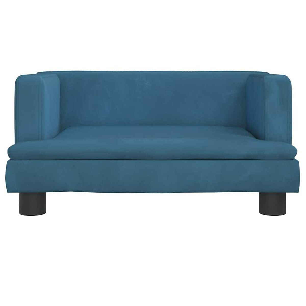 Blaues Sofa mit schwarzen Beinen. Vorderansicht.