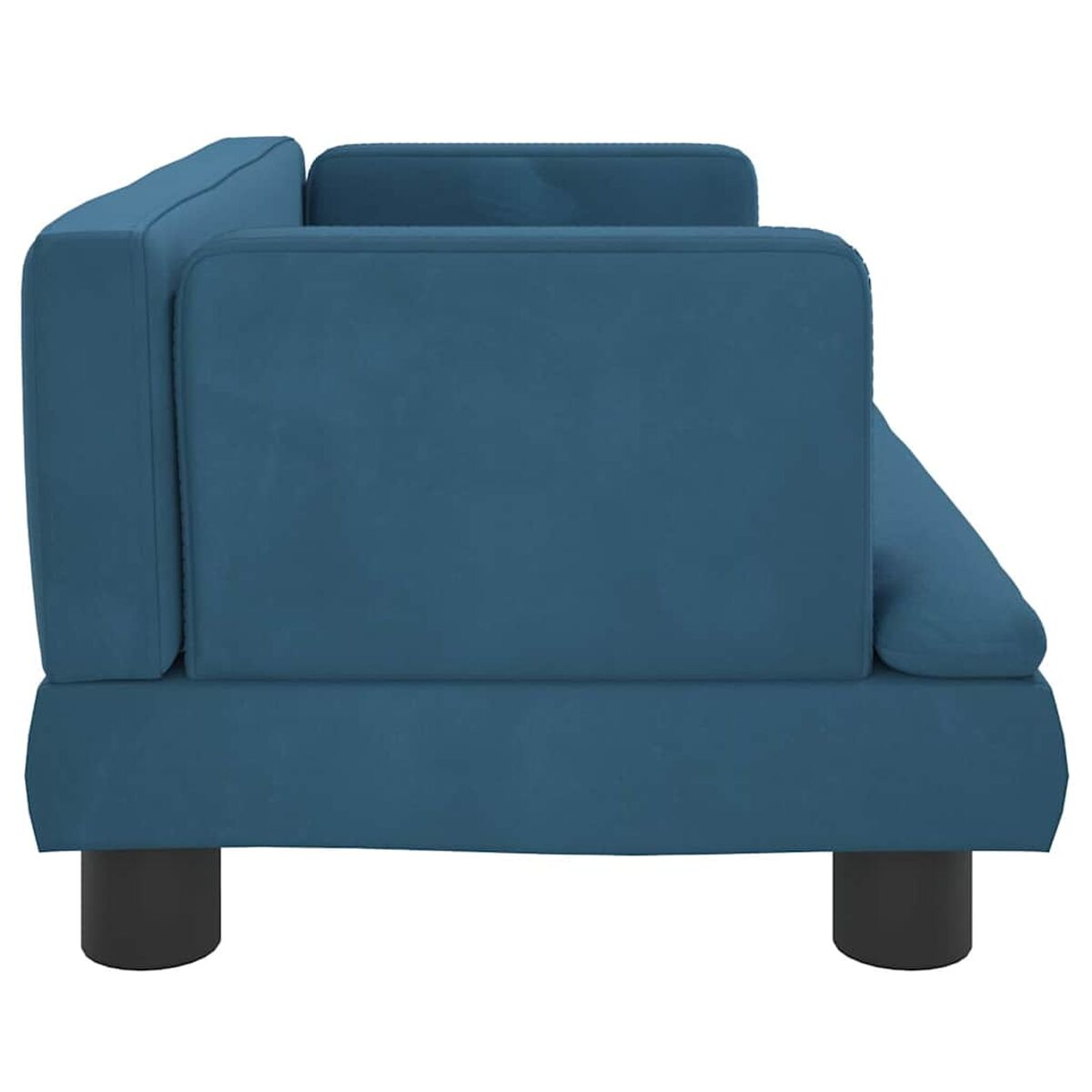 Blaues Sofa mit schwarzen Füßen, Seitenansicht.