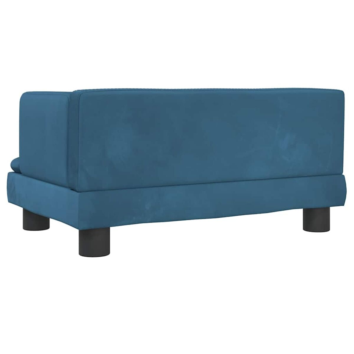 Die Rückseite eines blauen Sofas mit schwarzen Beinen.