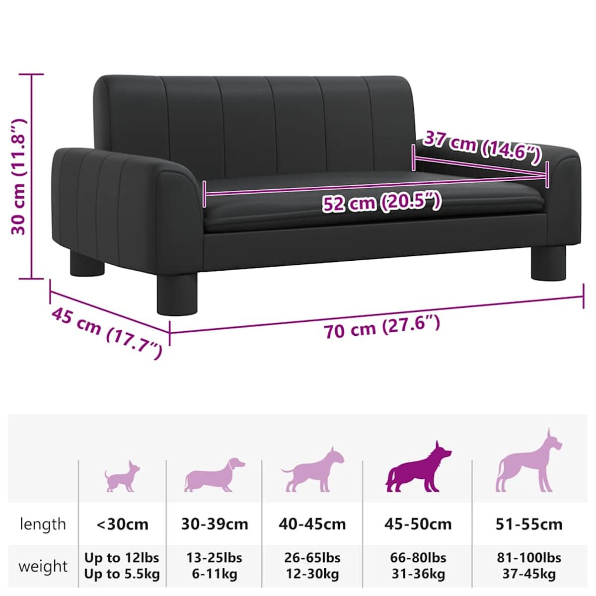Schwarzes Ledersofa mit Maßen, weißer Hintergrund, mit Tabelle zu Gewicht und Länge.