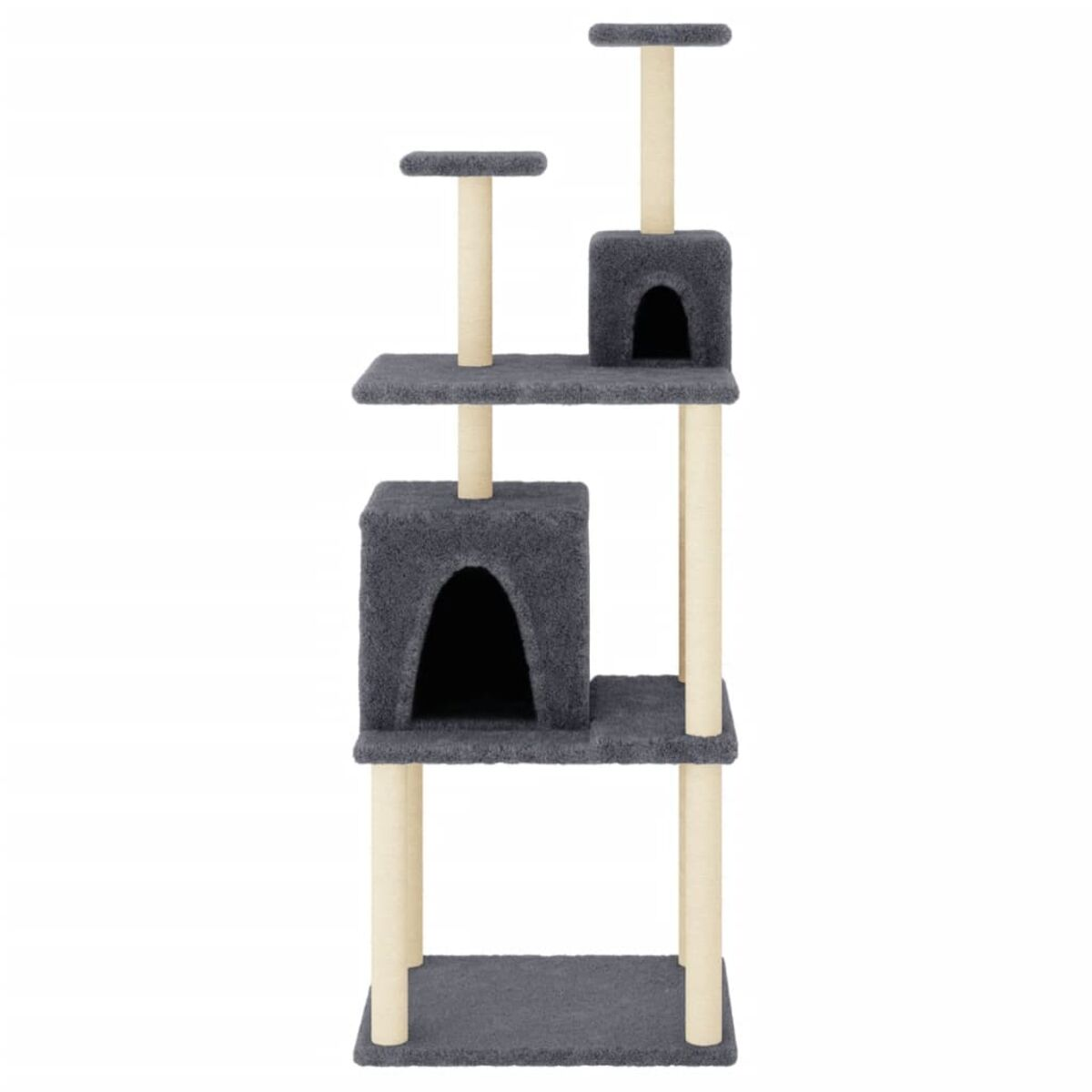Grauer Katzenbaum mit mehreren Plattformen, Katzenwohnungen und beigen Stützsäulen. Weißer Hintergrund.