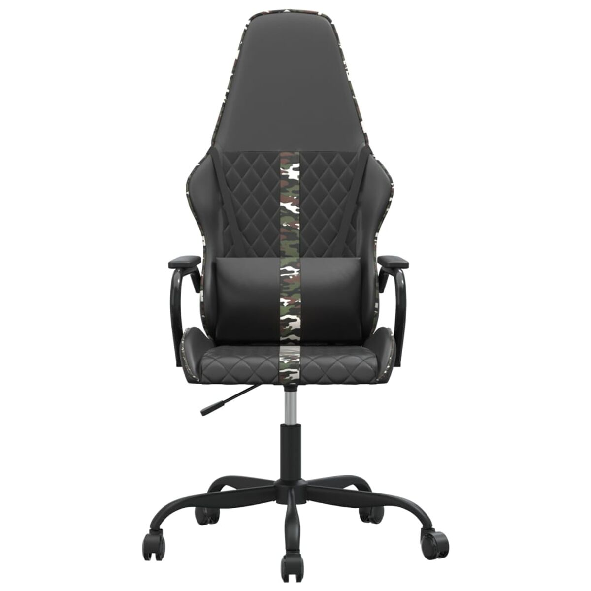 Ein schwarzer Gaming-Stuhl mit Tarnmuster-Akzenten wird vor weißem Hintergrund gezeigt.