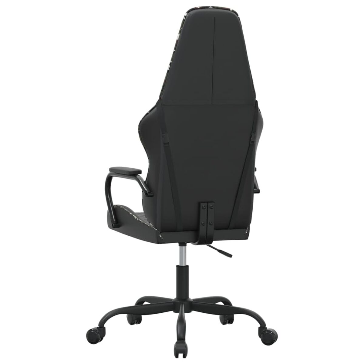 Rückansicht eines schwarzen Gaming-Stuhls mit schwarzen Rollen, schwarzem Gestell und schwarz-weißen Akzenten.