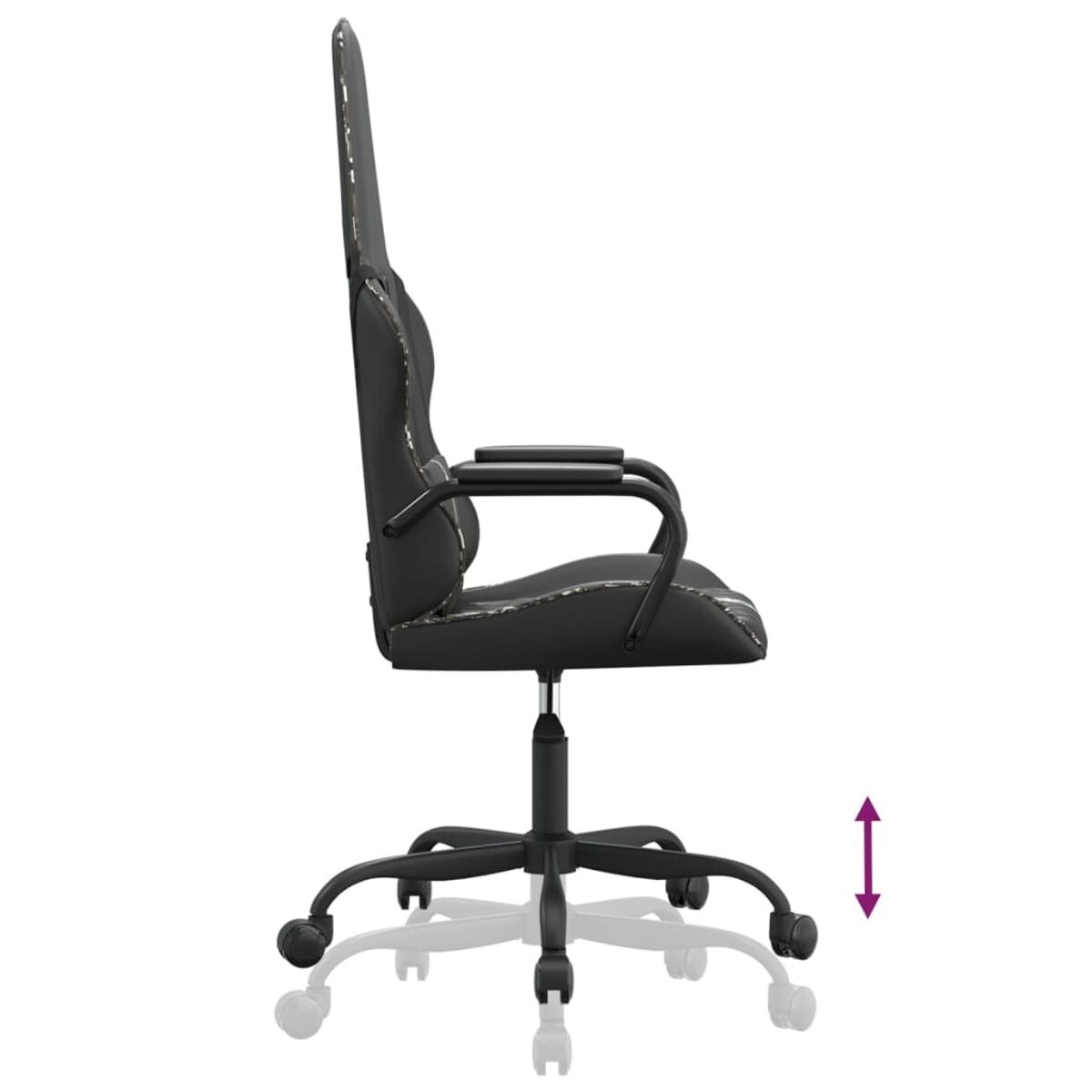 Schwarzer Gaming-Stuhl mit hohem Rücken und höhenverstellbar.