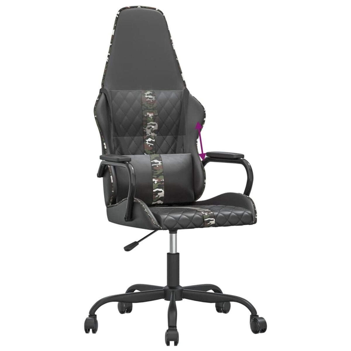 Schwarzer und Camouflage-Gaming-Stuhl, isoliert auf weißem Hintergrund.