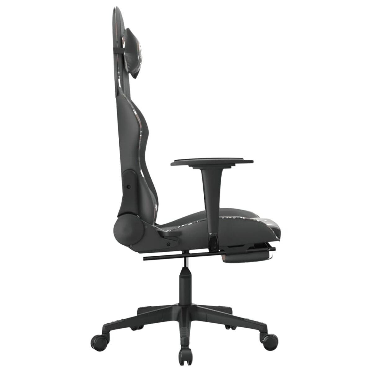Schwarzer Gaming-Stuhl mit hohem Rücken, Armlehnen und Rollen, auf weißem Hintergrund.