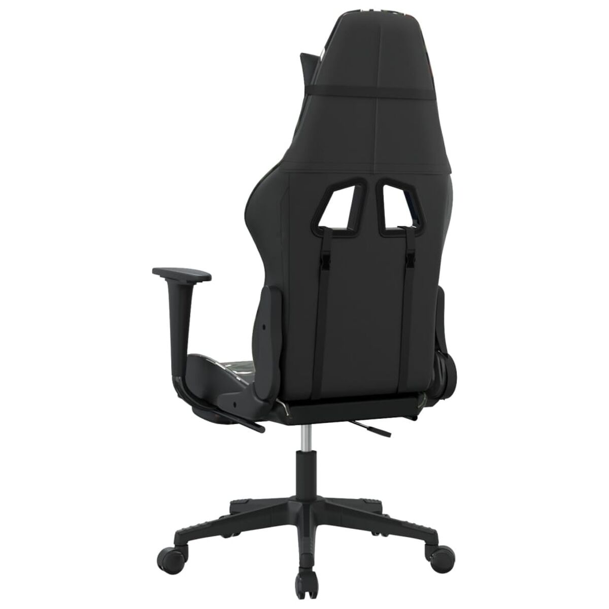 Schwarzer Gaming-Stuhl von hinten. Er hat ein weißes und rosa Design und Räder an der Basis.