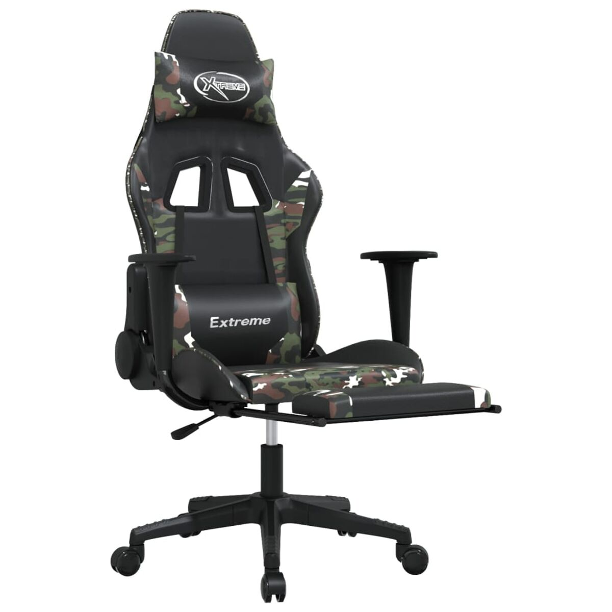 Gaming-Stuhl, Tarnmuster, schwarze Basis, Kopfstütze mit Logo, weißer Hintergrund.