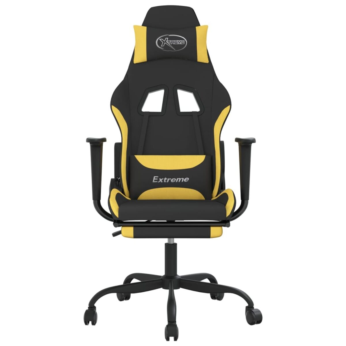 Schwarzer und gelber Gaming-Stuhl. Er hat eine Kopfstütze, Lendenwirbelstütze, Armlehnen und Räder.