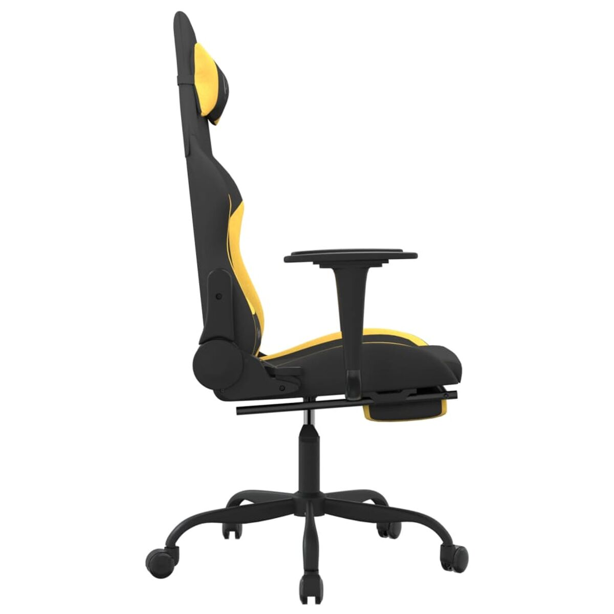 Schwarzer und gelber Gaming-Stuhl, Seitenansicht.