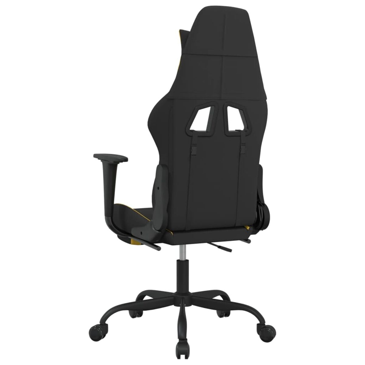 Ein schwarzer und gelber Gaming-Stuhl mit hohem Rücken und Rollen, von hinten gesehen.