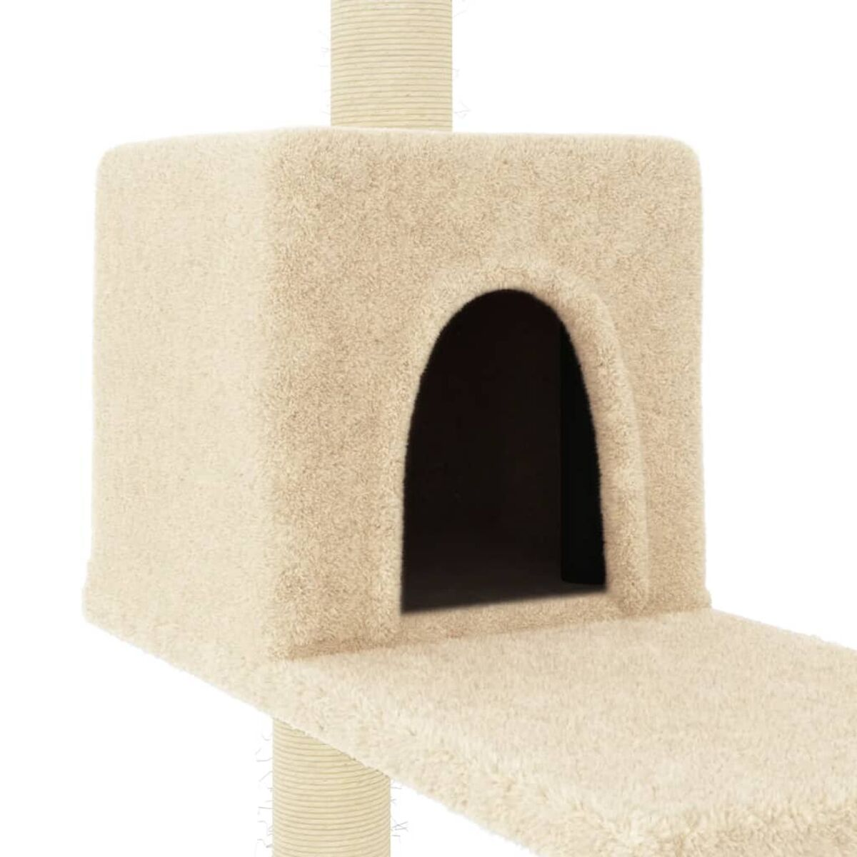 Beiges Katzenhaus mit gewölbtem Eingang und Plattform.