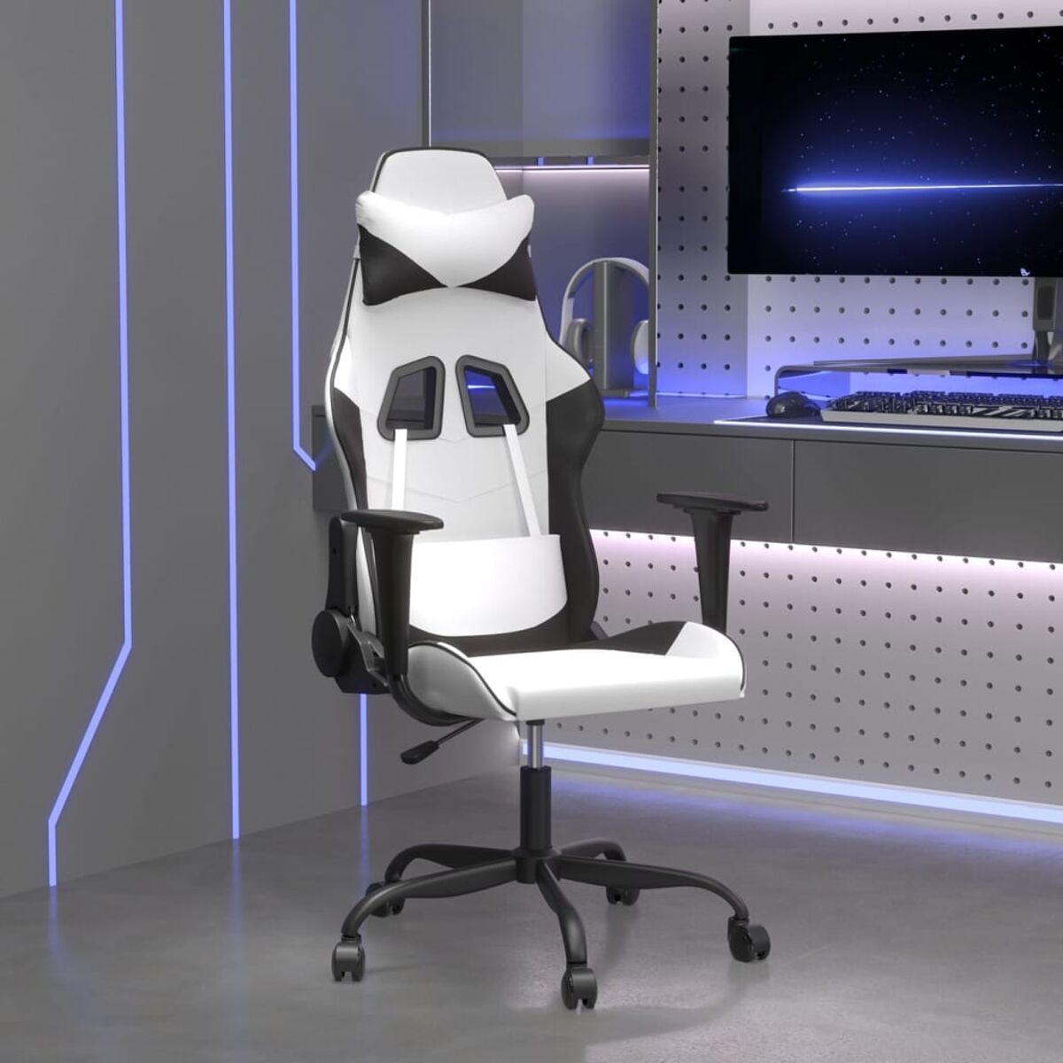 Ein weißer und schwarzer Gaming-Stuhl in einem Raum.