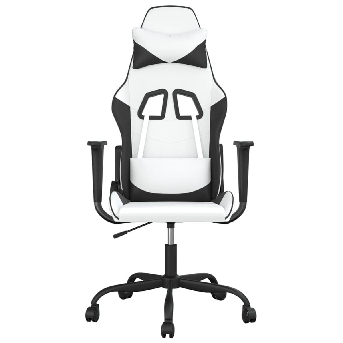 Weißer und schwarzer Gaming-Stuhl, Vorderansicht.