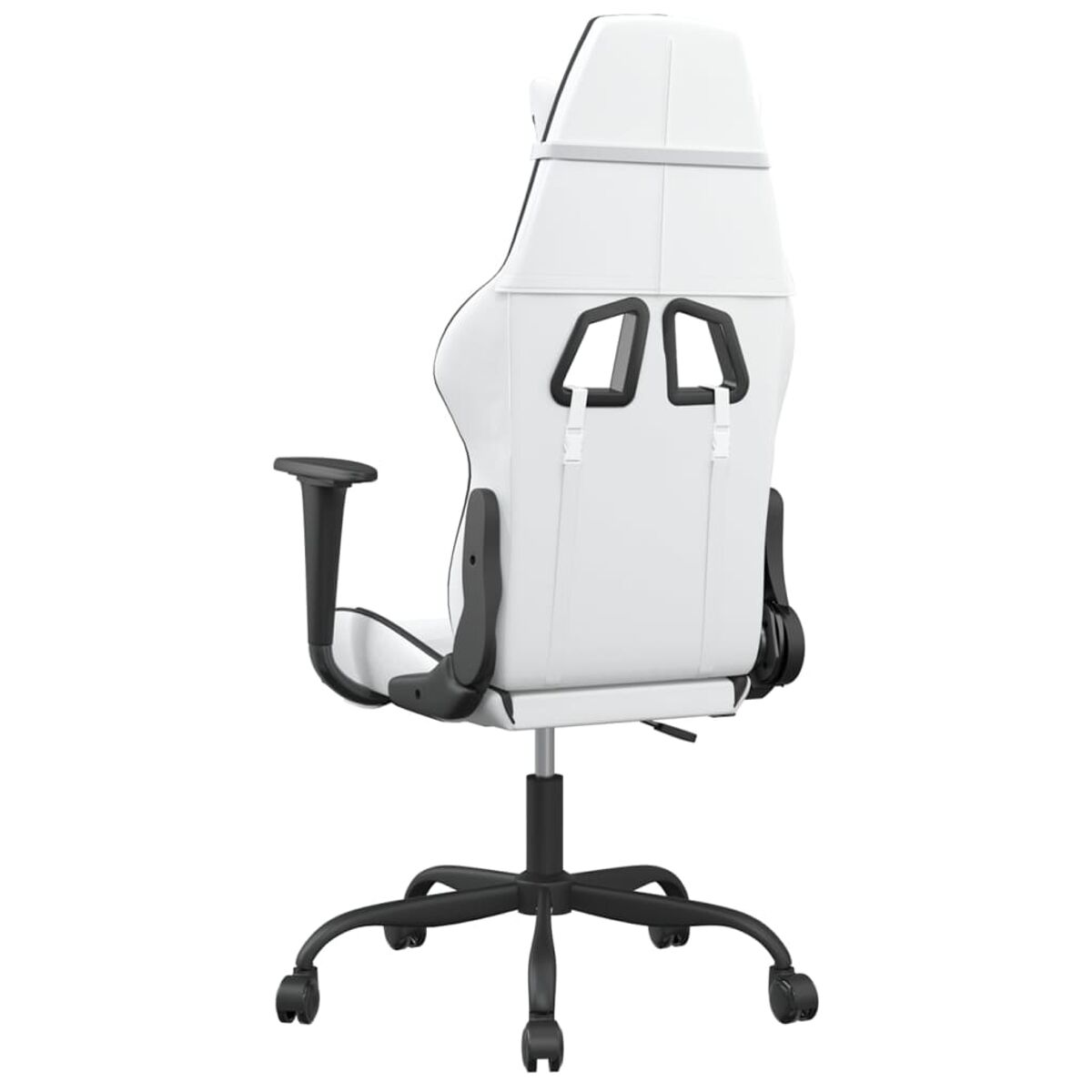 Die Rückseite eines weißen Gaming-Stuhls mit schwarzen Akzenten, von hinten sichtbar, vor weißem Hintergrund.