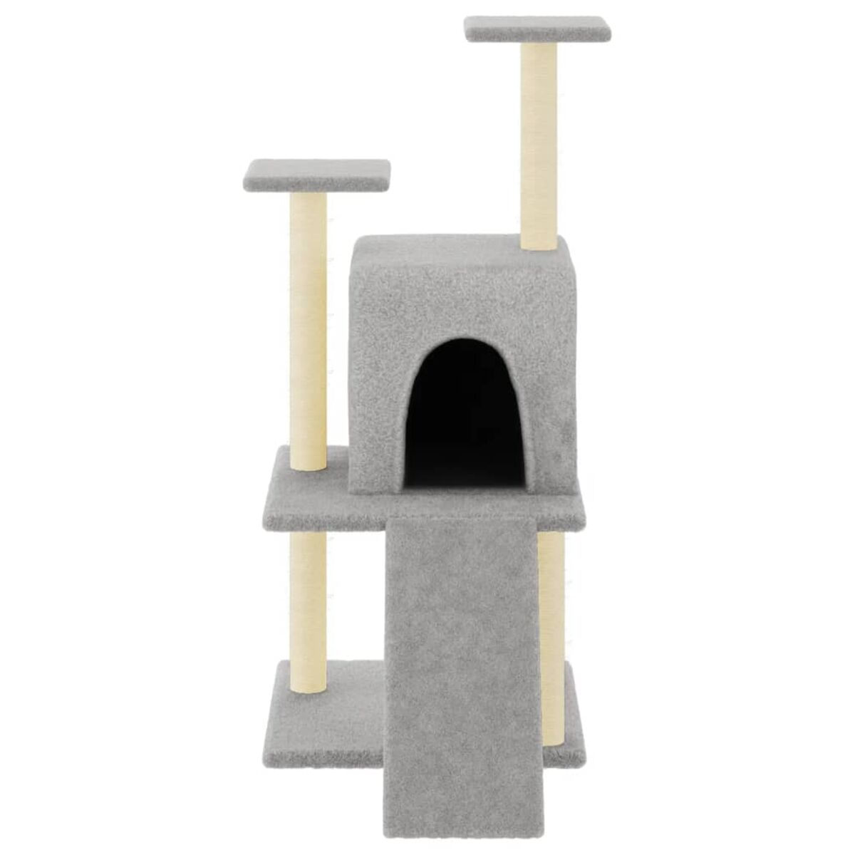 Grauer Katzenbaum mit mehreren Ebenen, einer Höhle und beigen Stützsäulen.