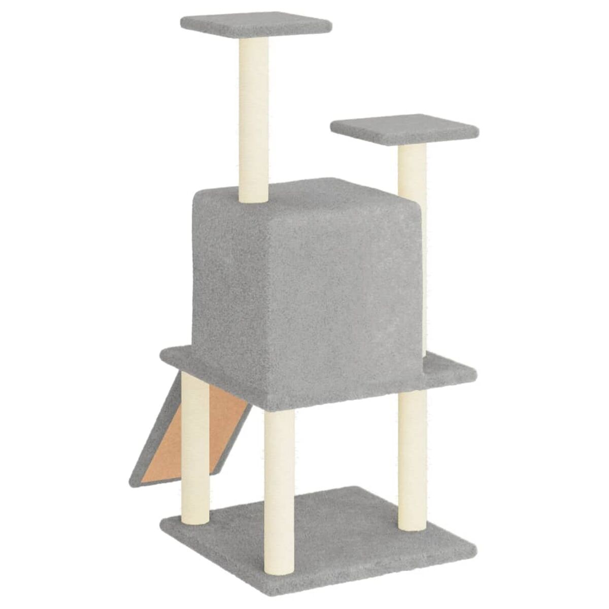 Grauer Kratzbaum mit mehreren Ebenen und Kratzpfosten. Beige und Grau dominieren.