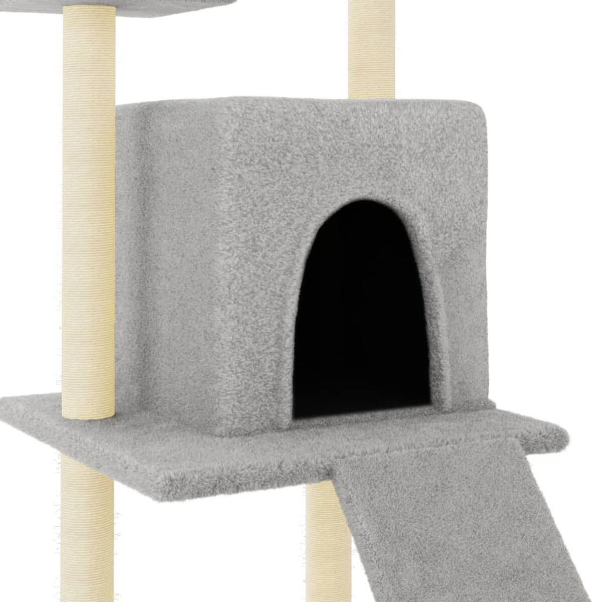Grauer Katzenbaum mit Höhle, Plattformen und Kratzbäumen. Beige Pfosten.