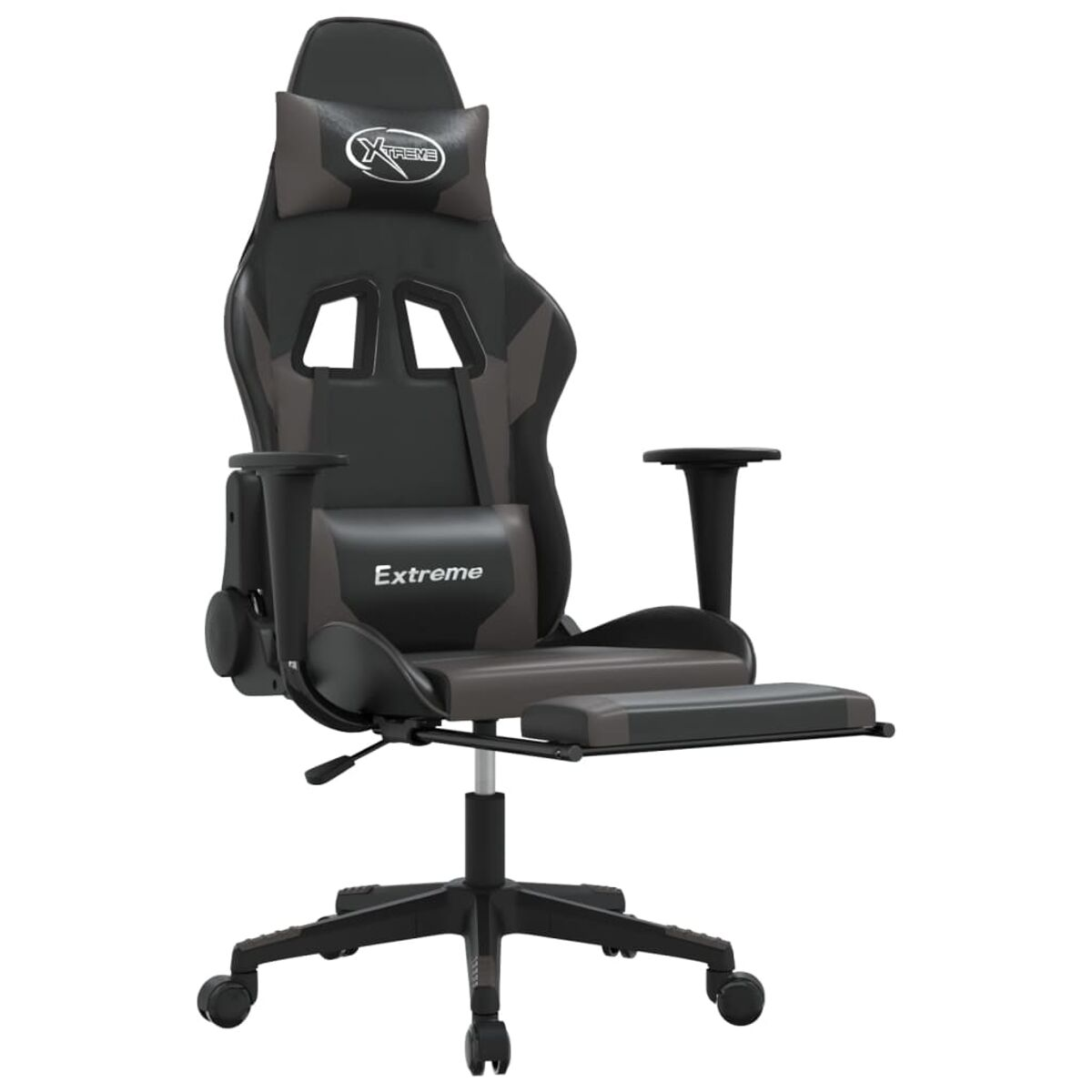 Schwarzer und grauer Gaming-Stuhl mit Fußstütze.