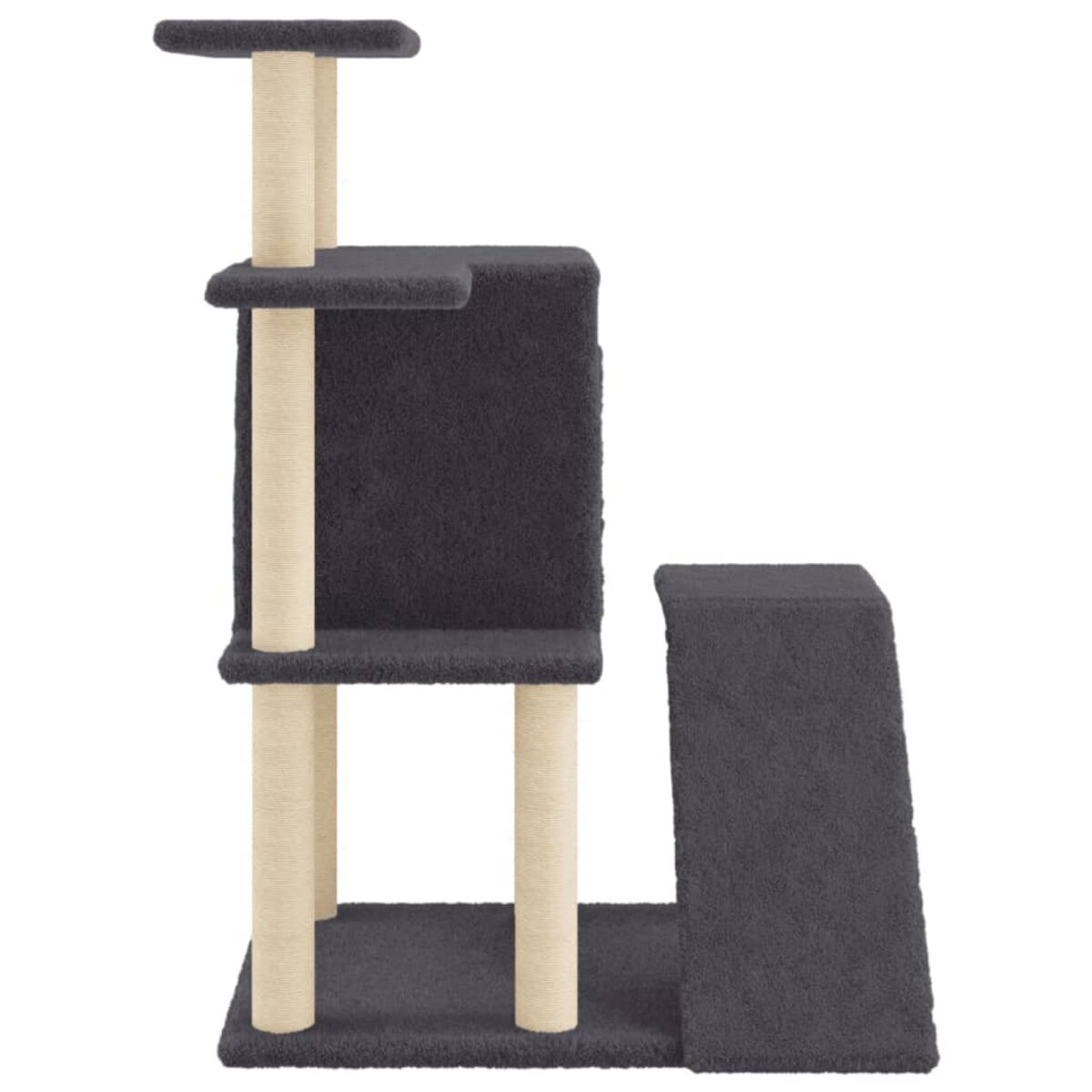 Katzenbaum mit Stufen, Pfosten und Plattformen, graues Farbschema.
