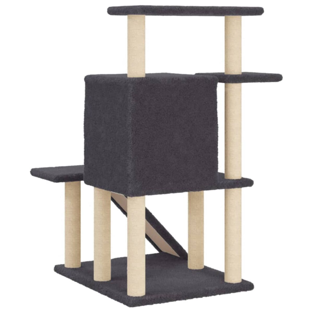 Ein mehrstöckiger Katzenbaum mit mehreren Plattformen, Pfosten und einer Rampe. Es hat eine dunkelgraue Farbe.