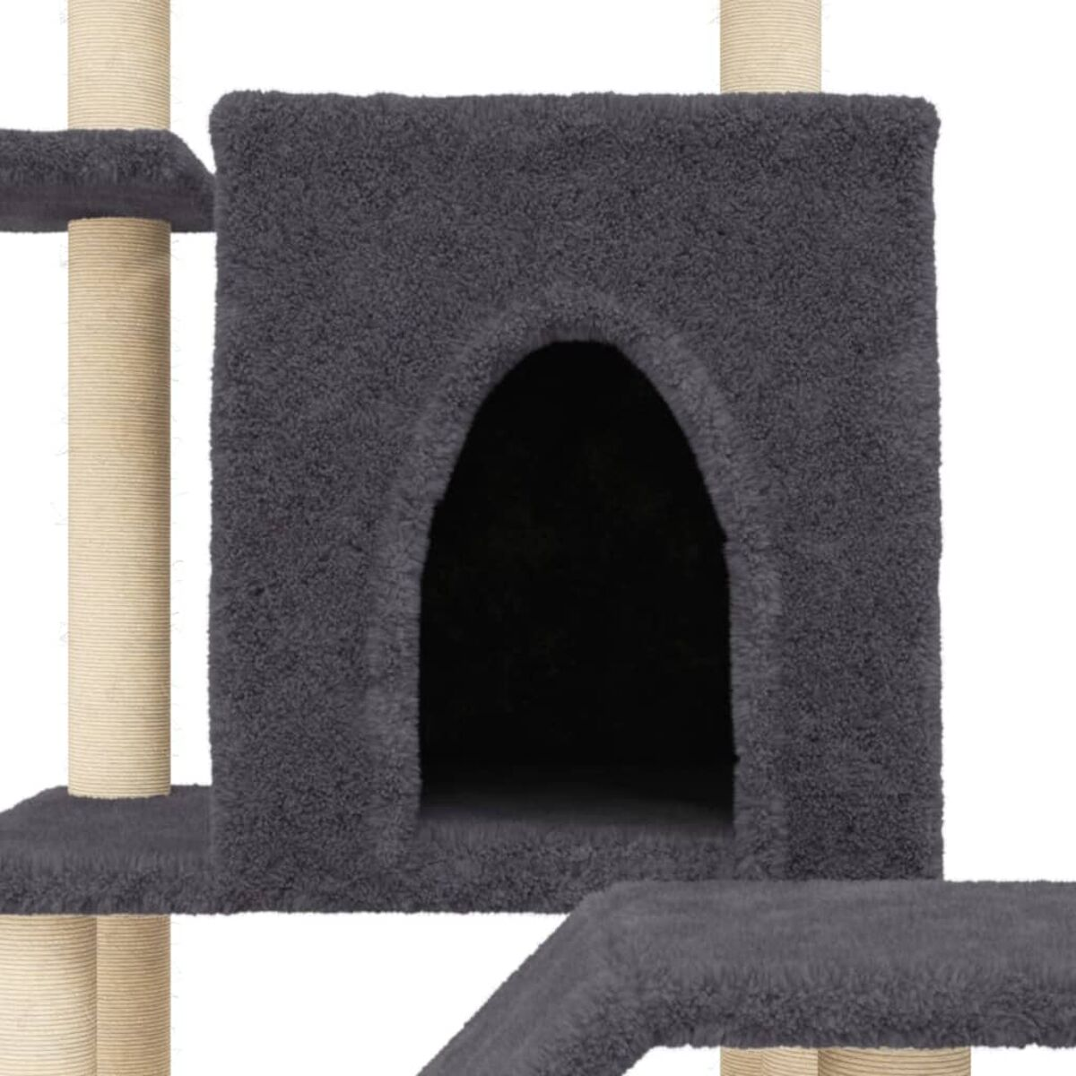 Katzenbaum mit einem grauen Haus mit Eingang und beigen Pfosten.