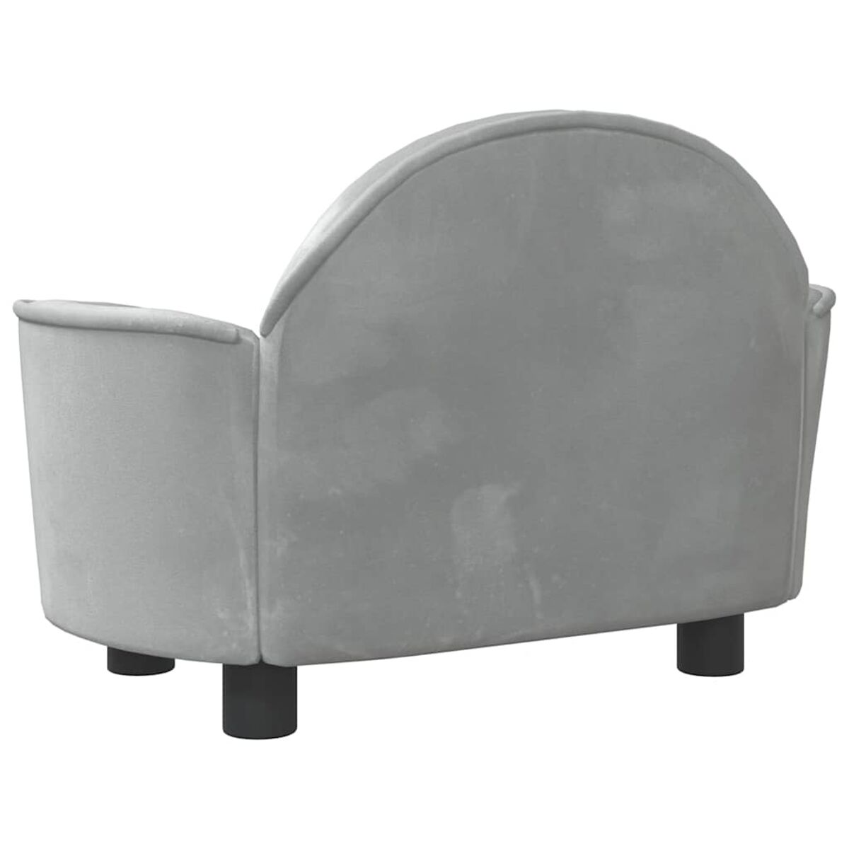 Graues Hundesofa mit gebogener Rückenlehne und schwarzen Beinen. Rückansicht.