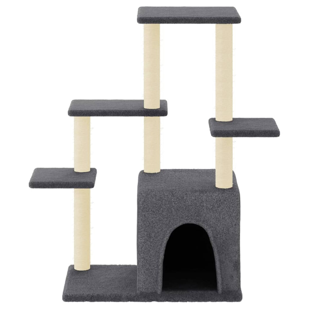 Dunkelgrauer Kratzbaum mit mehreren Plattformen, einer Höhle und Kratzpfosten. Beige Pfosten.