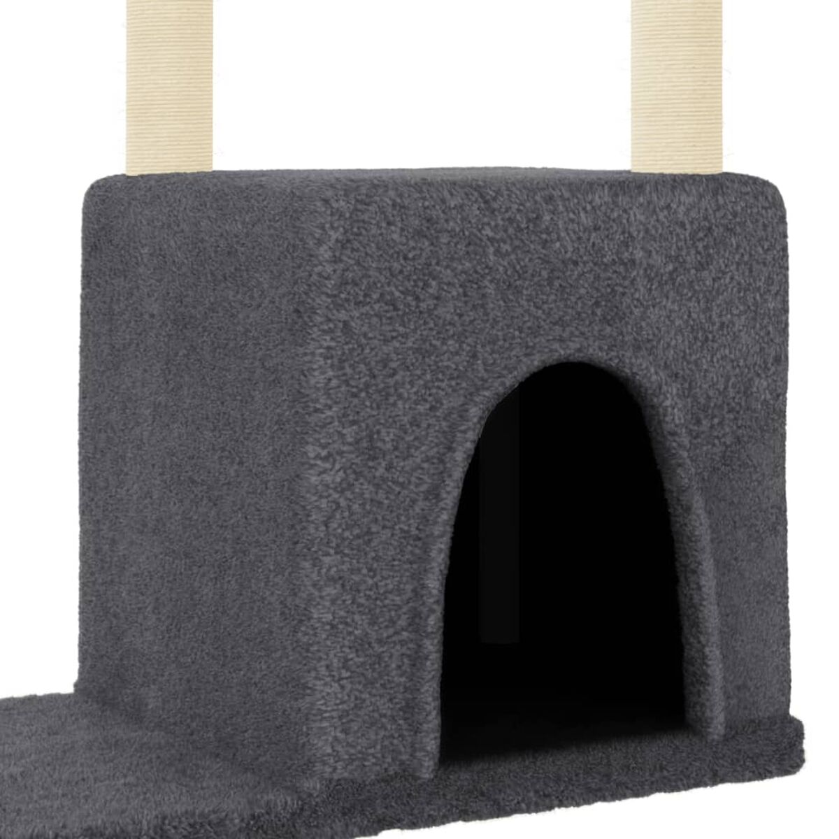 Grauer Katzenbaum mit Versteck und Kratzbäumen. Beige Stoffakzente.