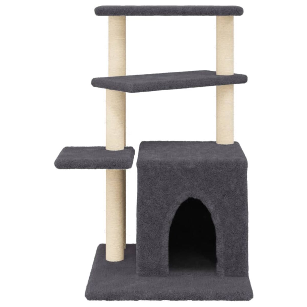 Grauer Katzenturm mit mehreren Plattformen, beigen Pfosten und einer Katzenhöhle.