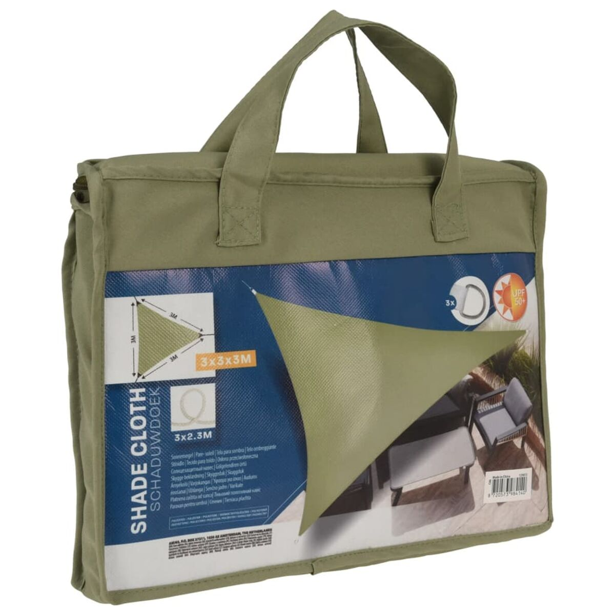 Telo parasole verde in una borsa. Forma triangolare con un diagramma. Sfondo bianco.