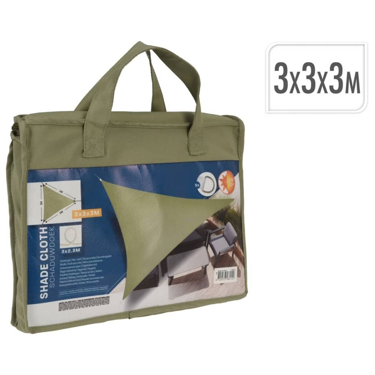 Telo ombreggiante verde oliva in una borsa con dimensioni 3x3x3m.