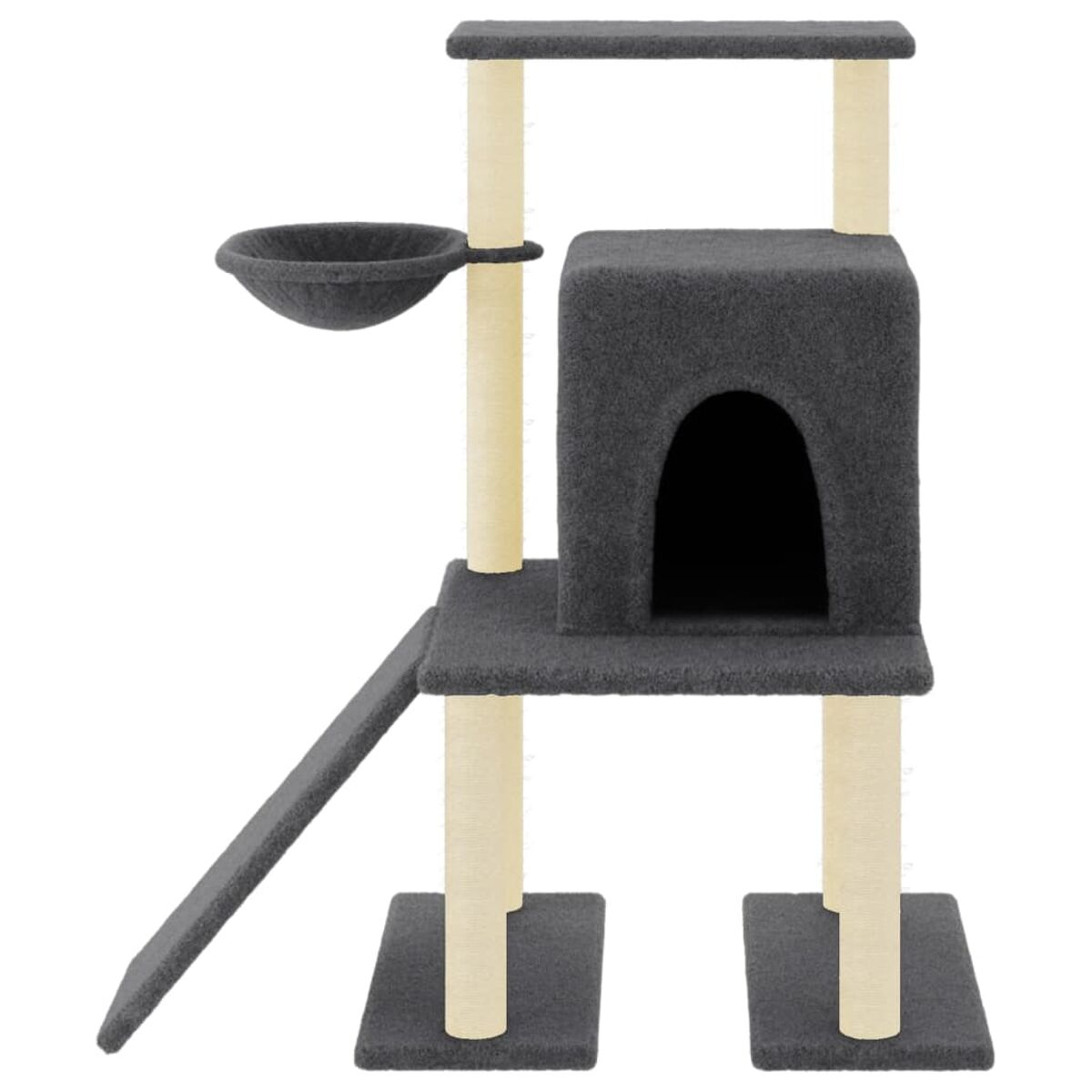 Katzenbaum mit Plattformen, Hängematte und Höhle. Beige Pfosten mit grauer Struktur.