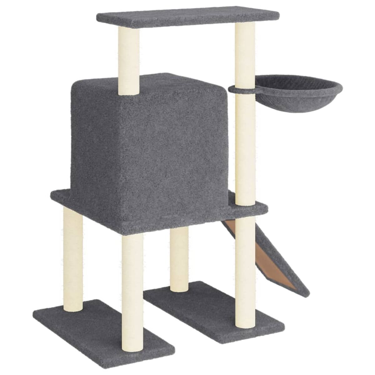 Grauer Katzenturm mit Plattformen, einem Würfel, einer Rampe und einer Schale.